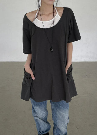 [2 colors] Layered Halter Neck Pocket Dress