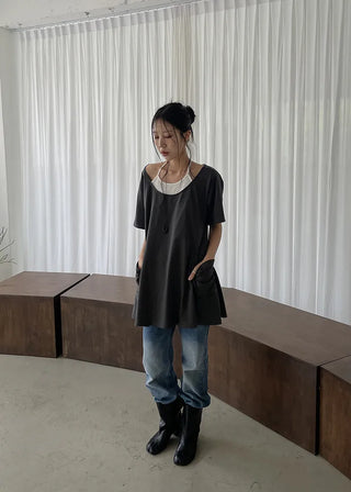 [2 colors] Layered Halter Neck Pocket Dress