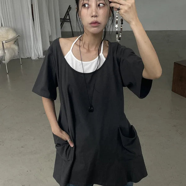 [2 colors] Layered Halter Neck Pocket Dress