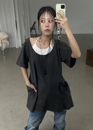 [2 colors] Layered Halter Neck Pocket Dress