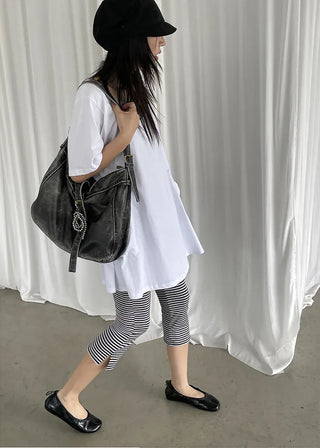 [2 colors] Striped French Leggings