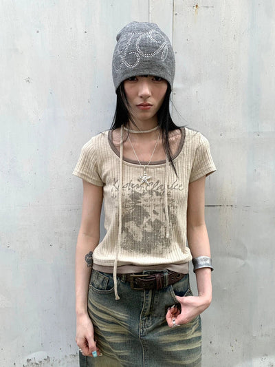 Vintage Floral Print Layered Elastic Short Sleeve Tee With Scarf