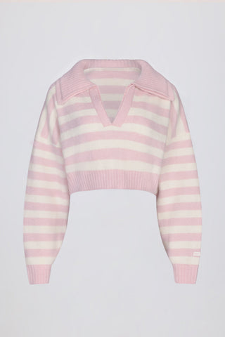 Soft Knit Layered Collar Cropped Jumper in Pink Stripe