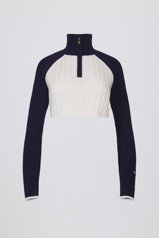 Ribbed Knit Quarter-Zip Cropped Jumper in Classic Navy