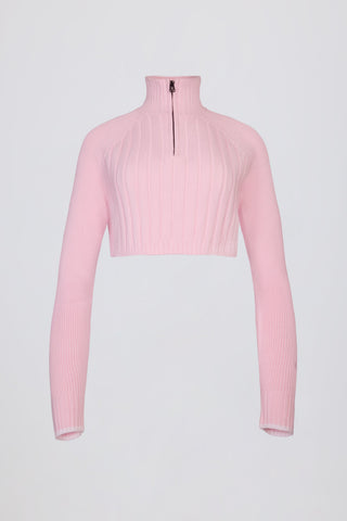 Ribbed Knit Quarter-Zip Cropped Jumper in Powder Pink