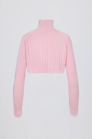 Ribbed Knit Quarter-Zip Cropped Jumper in Powder Pink