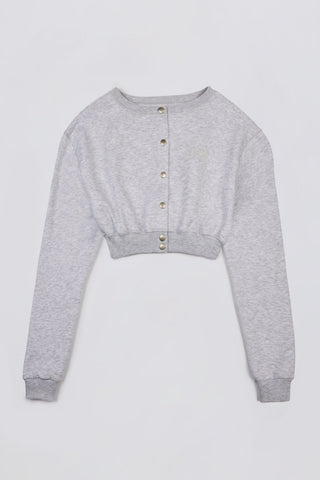 Premium Brushed Jersey Button-Up Cropped Cardigan in Grey Marl