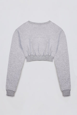 Premium Brushed Jersey Button-Up Cropped Cardigan in Grey Marl
