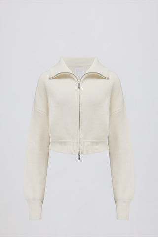 Ribbed Knit Zip-Up Cropped Sweatshirt in Ivory