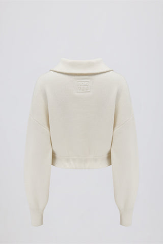 Ribbed Knit Zip-Up Cropped Sweatshirt in Ivory