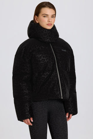 Waterproof Cropped Oversized Ski Jacket in Black Leopard