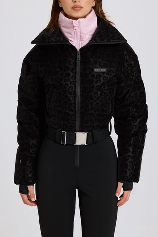 Waterproof Belted Layered Ski Suit in Black Leopard