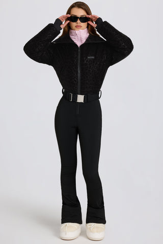 Waterproof Belted Layered Ski Suit in Black Leopard