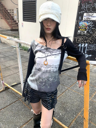 Vintage Print Patchwork Sleeve Tee