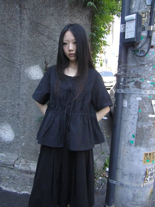 Korean Style Lightweight Tied Waist Pleated Single Row Button Short Sleeve Top