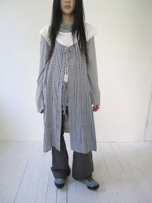 Japanese Style Layered Gingham Strap Dress With Sleeveless Vest