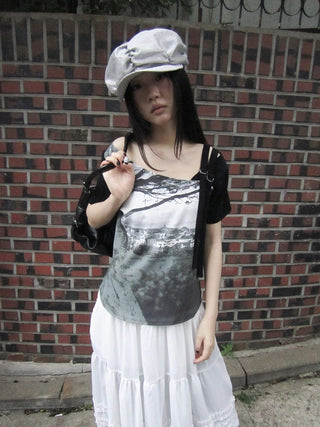 Vintage Print Patchwork Sleeve Tee