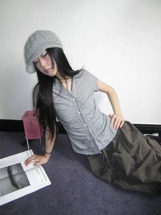 Vintage V-Neck Striped Tee With Pleated Detail