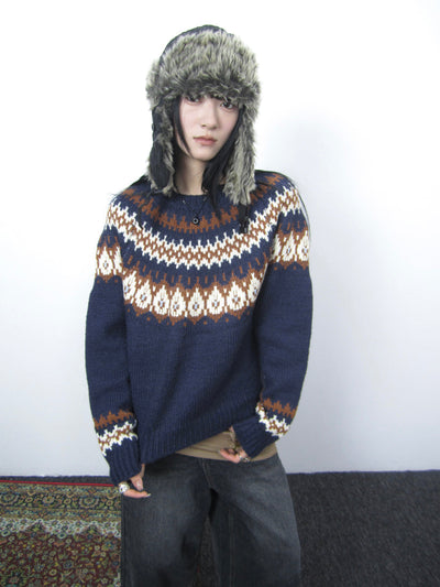 Fair Isle Knit Sweater Women Vintage Winter Blue Loose