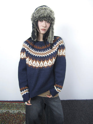 Fair Isle Knit Sweater Women Vintage Winter Blue Loose