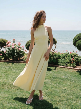 Linen-blend Halter Neckline Ruched A-line Maxi Dress