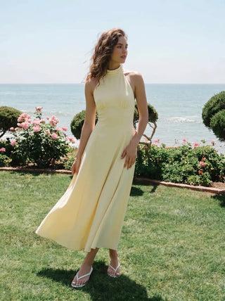 Linen-blend Halter Neckline Ruched A-line Maxi Dress