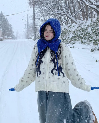 Nordic pattern knit hoodie