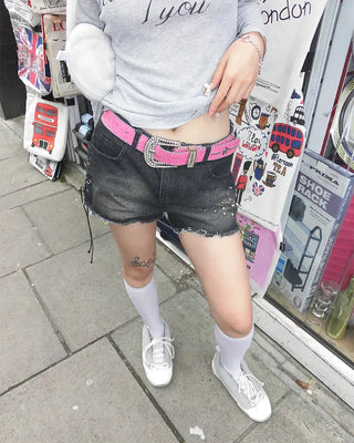 Star-studded cubic buckle crocodile belt