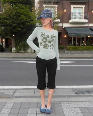 Monochrome Flower Jewel Neck Long T-Shirt