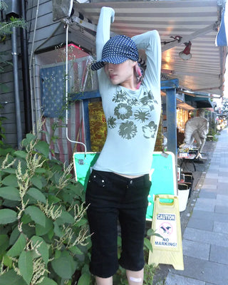 Monochrome Flower Jewel Neck Long T-Shirt