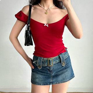 Bow ribbed puff sleeve slim fit top