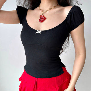 Bow ribbed puff sleeve slim fit top