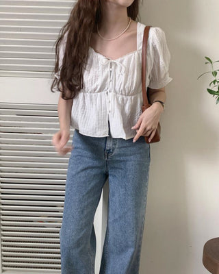 French square collar lace white shirt top