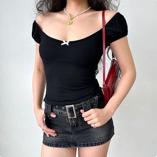 Bow ribbed puff sleeve slim fit top