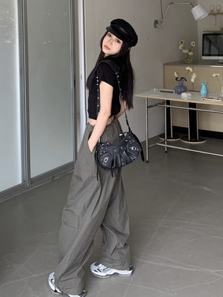 solid Drawstring parachute pants