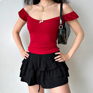 Bow ribbed puff sleeve slim fit top