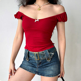 Bow ribbed puff sleeve slim fit top