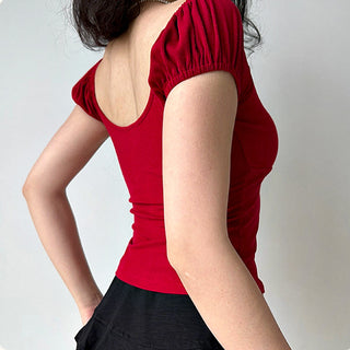 Bow ribbed puff sleeve slim fit top