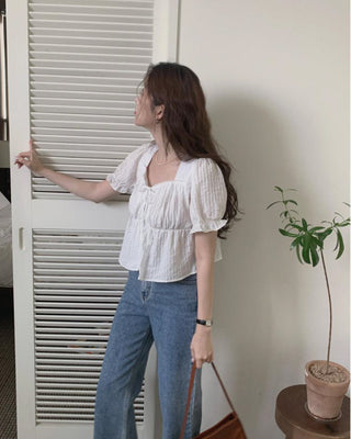 French square collar lace white shirt top