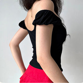 Bow ribbed puff sleeve slim fit top