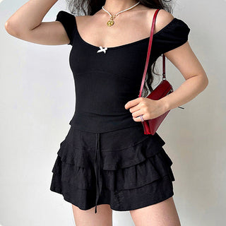 Bow ribbed puff sleeve slim fit top