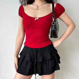Bow ribbed puff sleeve slim fit top