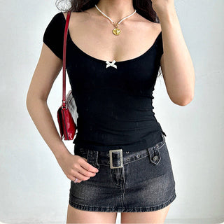Bow ribbed puff sleeve slim fit top