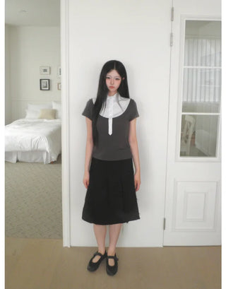 [2 colors] Cutout pleated midi skirt