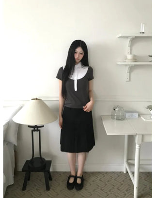 [2 colors] Cutout pleated midi skirt