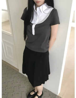 [2 colors] Cutout pleated midi skirt