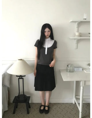 [2 colors] Cutout pleated midi skirt