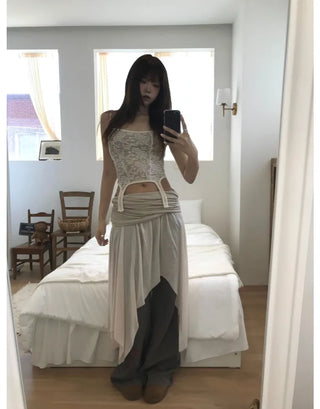 [3 colors] Asymmetrical Layered Midi Skirt