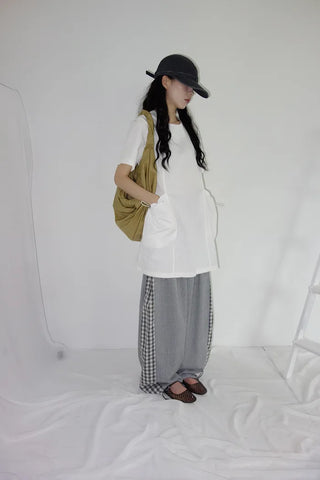 [2 colors] Meruru Double Check Banding Wide Pants