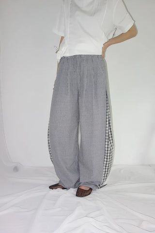 [2 colors] Meruru Double Check Banding Wide Pants